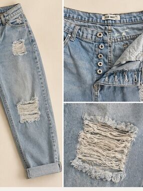High-Waisted Distressed Mom Jeans - Light Wash Blue